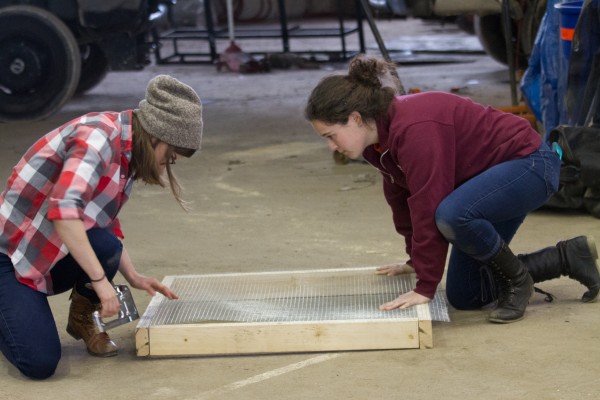 Constructing the compost bin at Great Lakes Landscape Design: Carly Sugar and Sam Katz pair up on building a section