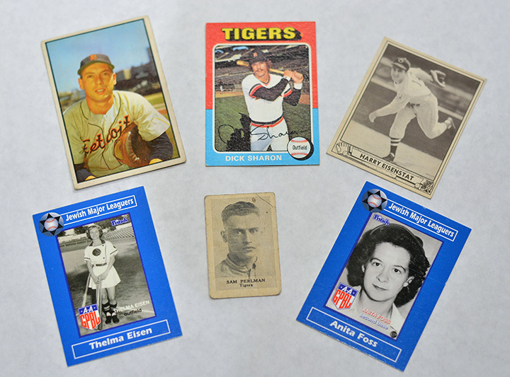Baseball Cards of Jewish Players, clockwise from top left: Joe Ginsberg, Tigers Catcher; Dick Sharon, Tigers Outfielder; Harry Eisenstat, Tigers Pitcher; Anita Foss, Grand Rapids Chicks and Muskegon Lassies; Sam Perlman, series of 21 from Honey Boy Ice Cream; Thelma Eisen, Grand Rapids Chicks